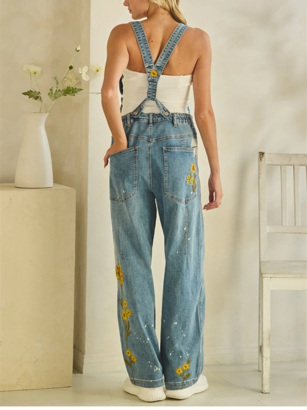💕LAST ONE! Oli & Hali Blue Denim Overalls with Sunflower Embroidery - Picture 11 of 12